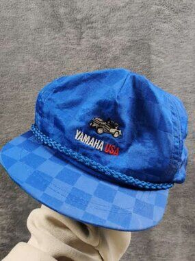VINTAGE Yamaha USA Hat Adult Mens OSFA One Size Blue Leather Strapback LaMode